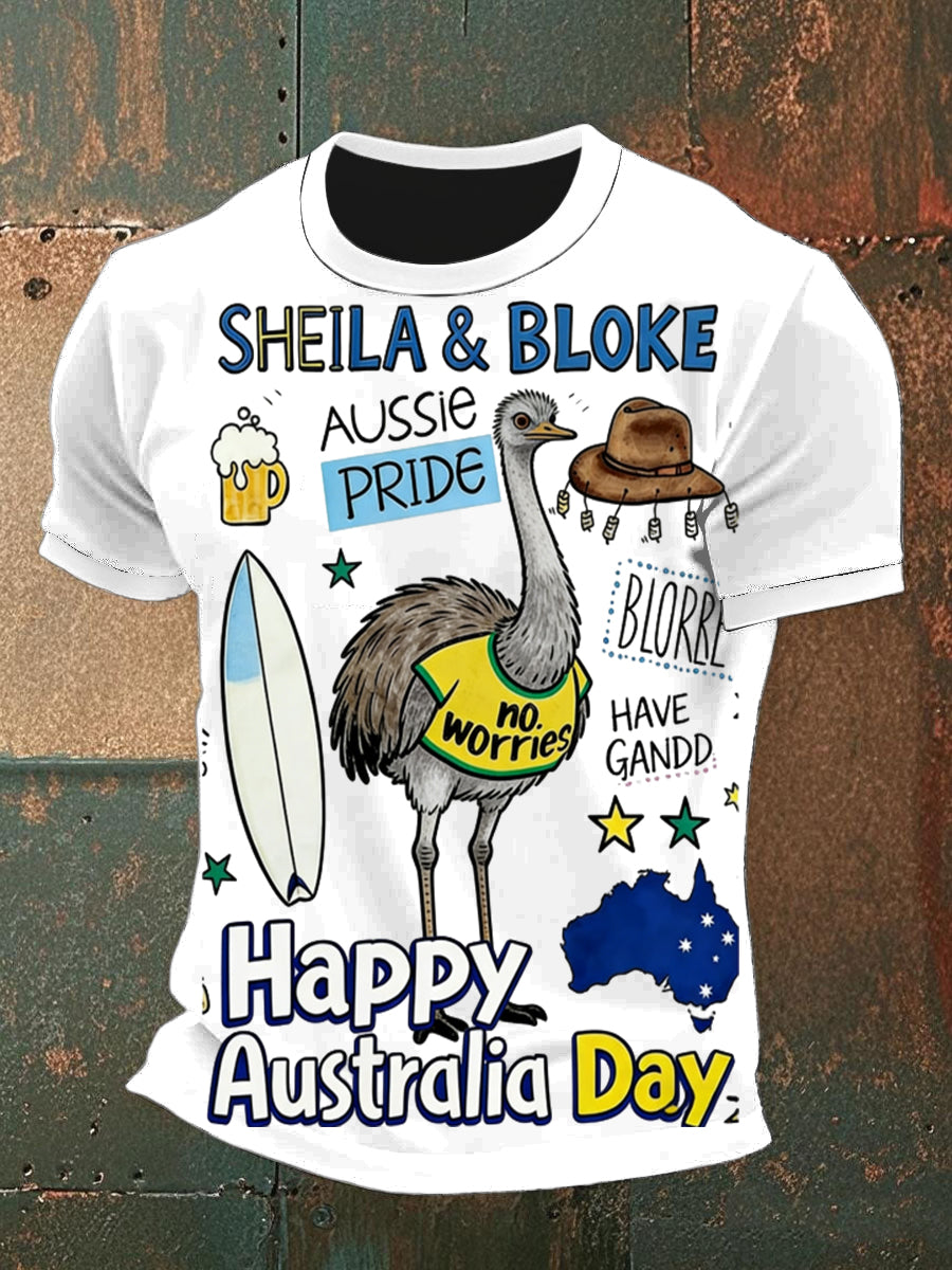 Vintage Happy Australia Day Print Casual Cotton Short Sleeve T-Shirt