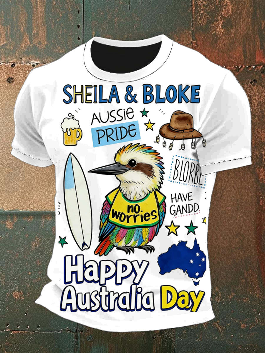 Vintage Happy Australia Day Print Casual Cotton Short Sleeve T-Shirt