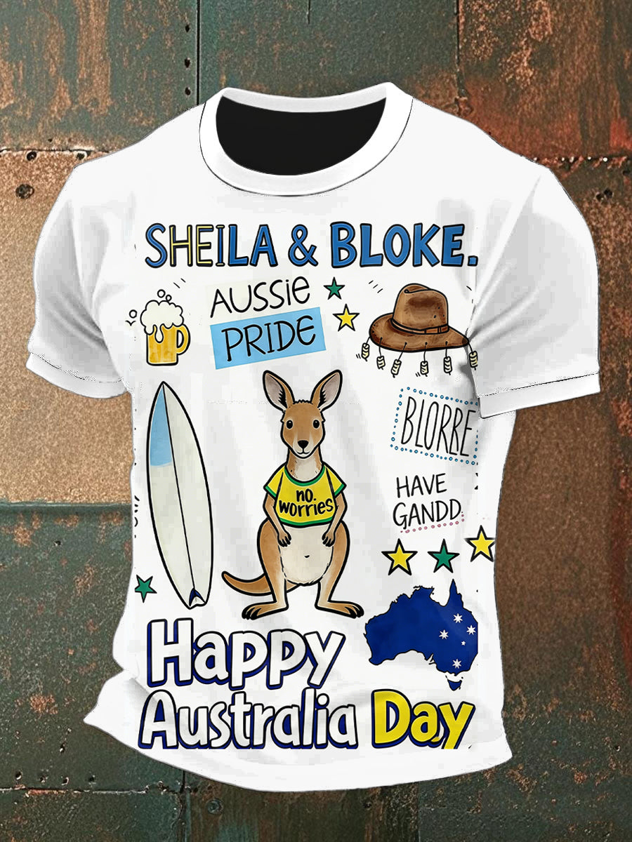 Vintage Happy Australia Day Print Casual Cotton Short Sleeve T-Shirt