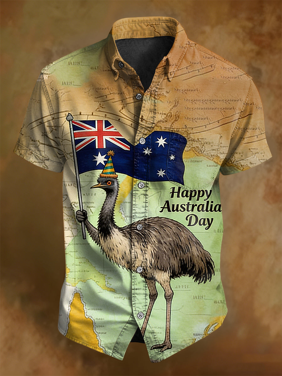 Retro Happy Australia Day Print Casual Cotton Short Sleeve Pocket Shirt