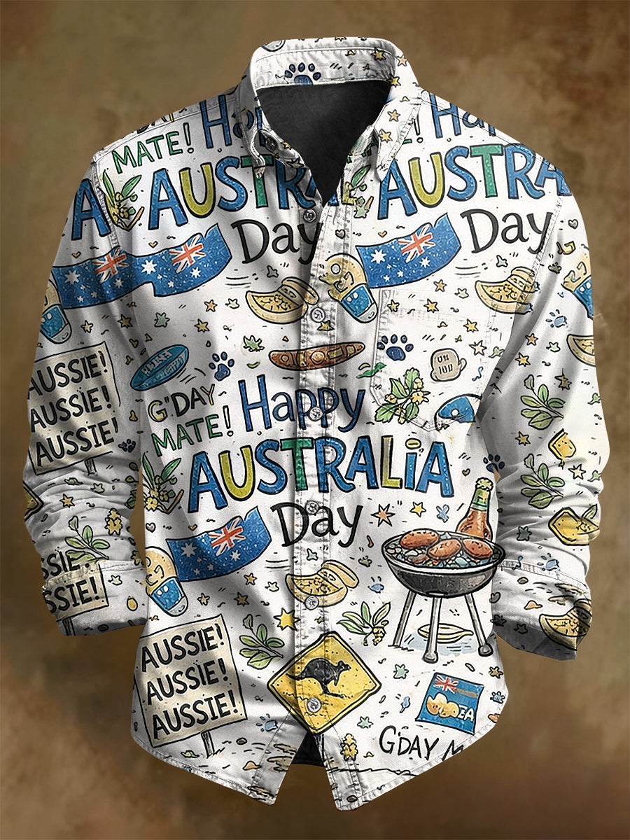Retro Happy Australia Day Print Casual Long Sleeve Shirt