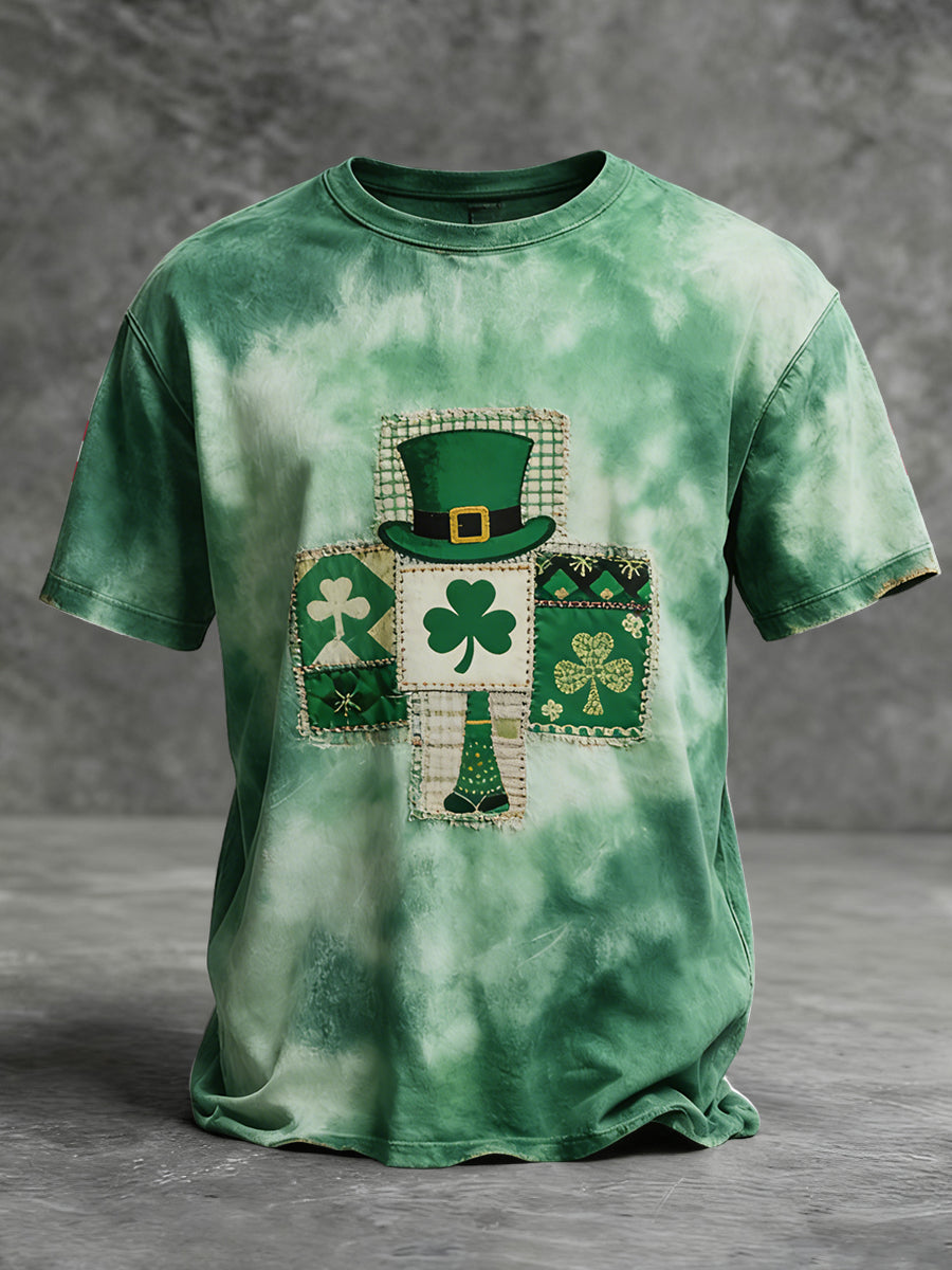 Retro St. Patrick's Day Shamrock Patchwork Tie-Dye Casual T-Shirt