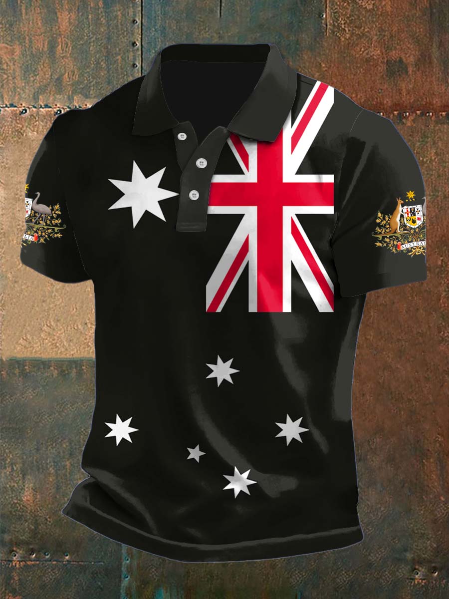 Vintage Australian Flag Crest Printed Casual Cotton Short Sleeve Polo Shirt