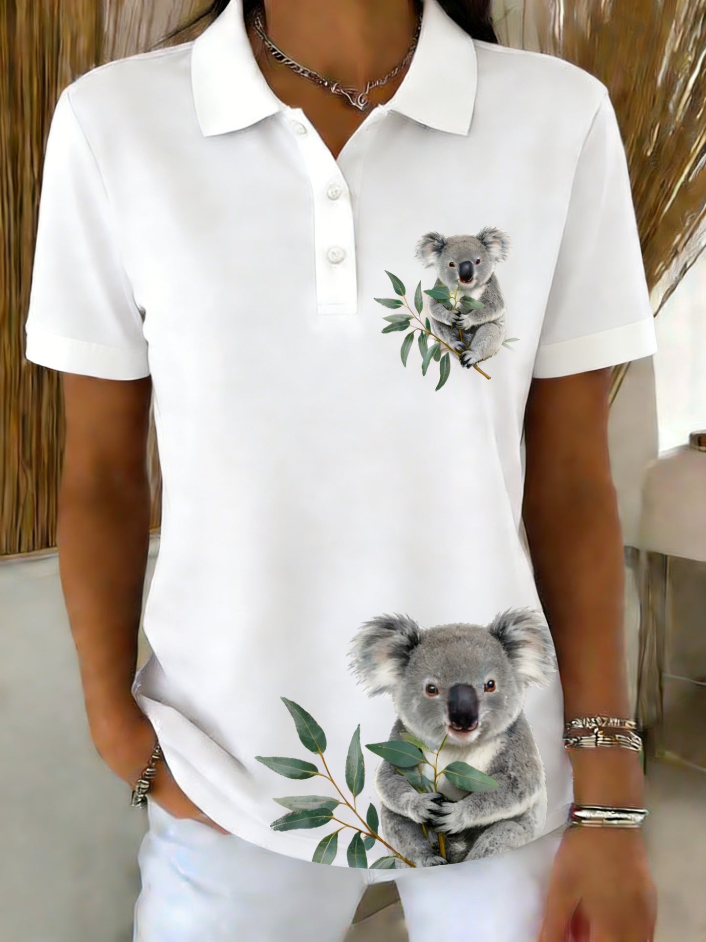Women's Vintage Australian Flag Koala Art Printed Casual Cotton Short Sleeve Polo Shirt