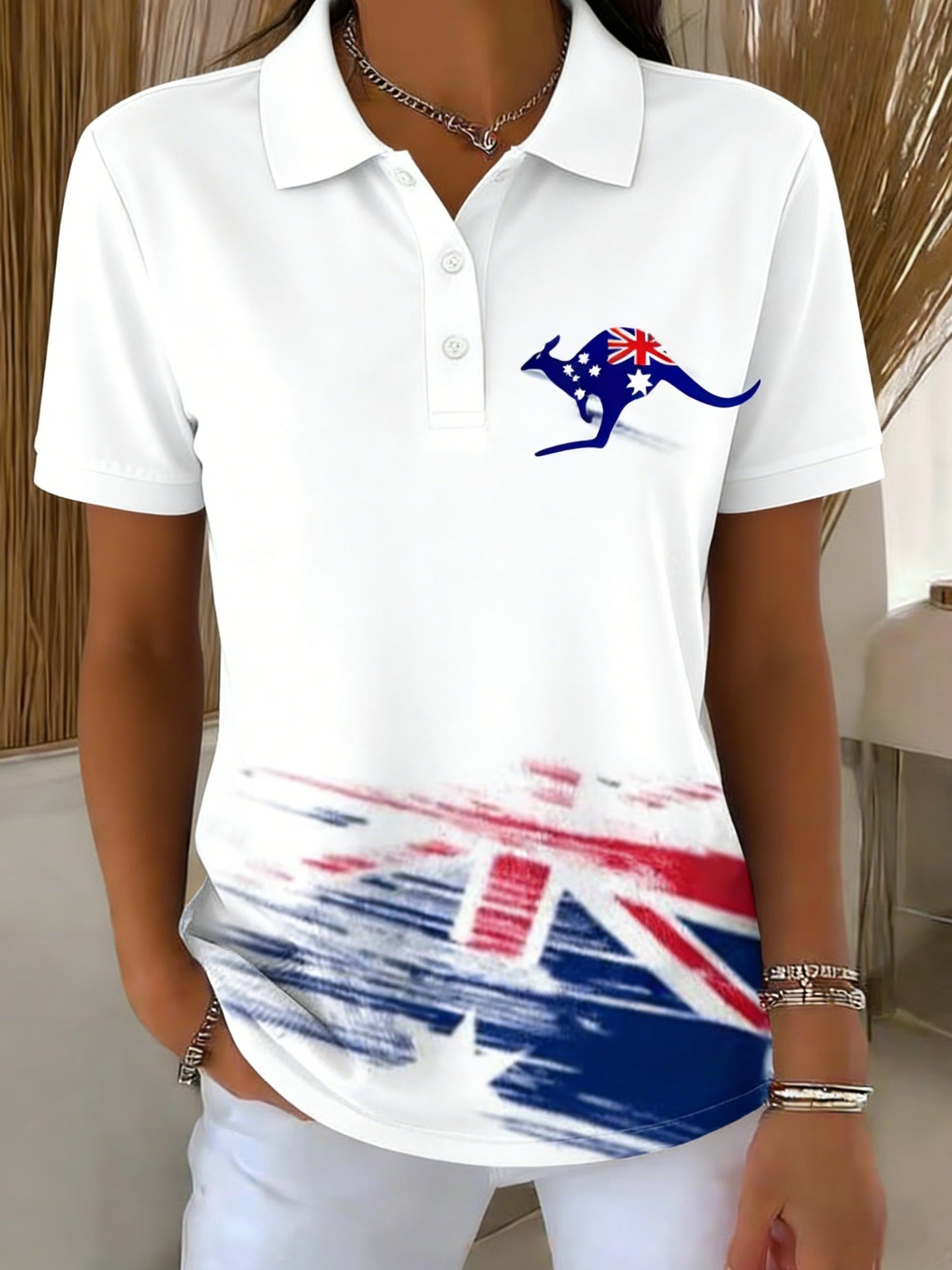Women's Vintage Australian Flag Badge Printed Casual Cotton Short Sleeve Polo Shirt