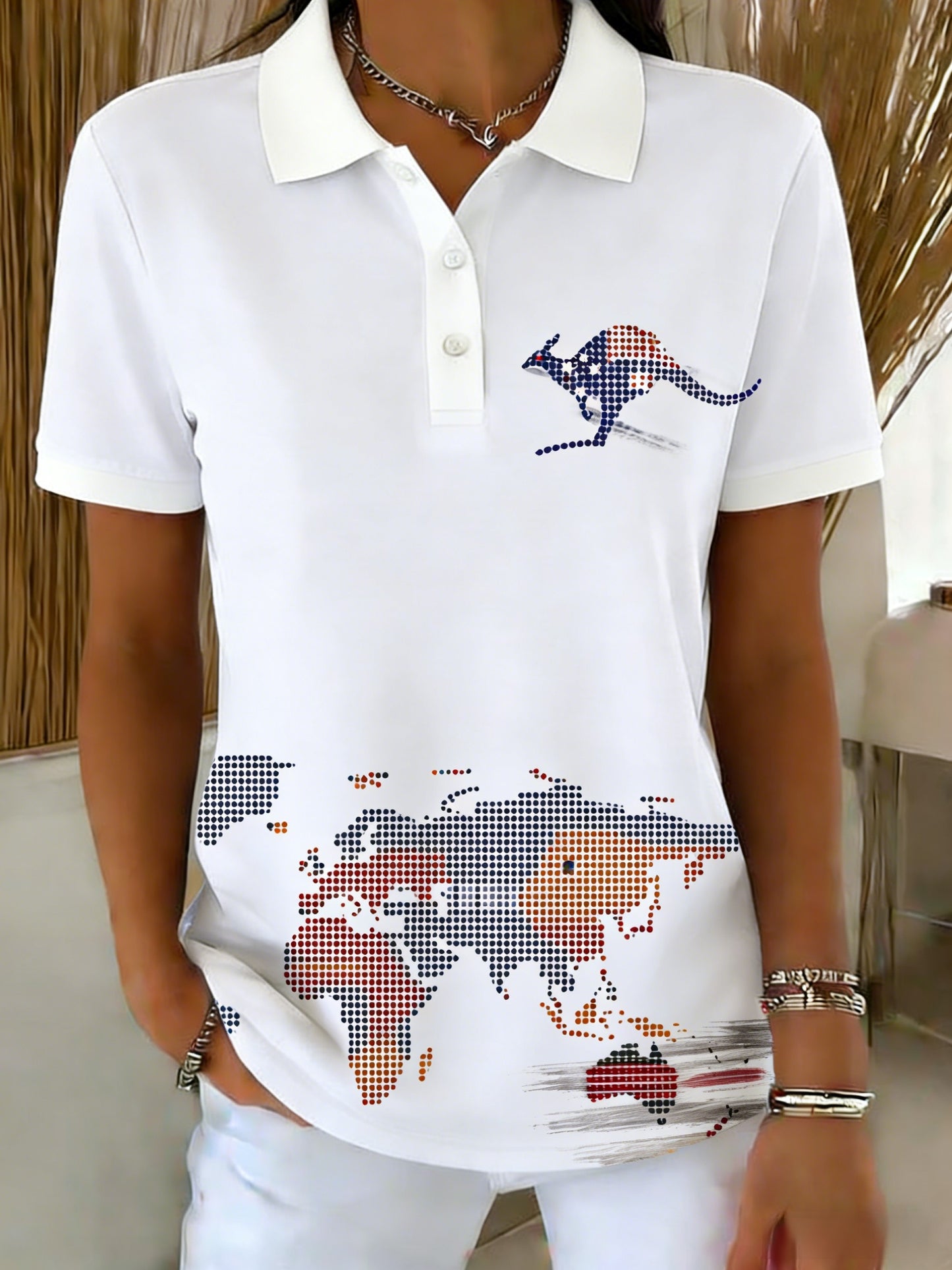 Women's Vintage Australian Flag Dot-Painting Kangaroo Art Printed Casual Cotton Short Sleeve Polo Shirt