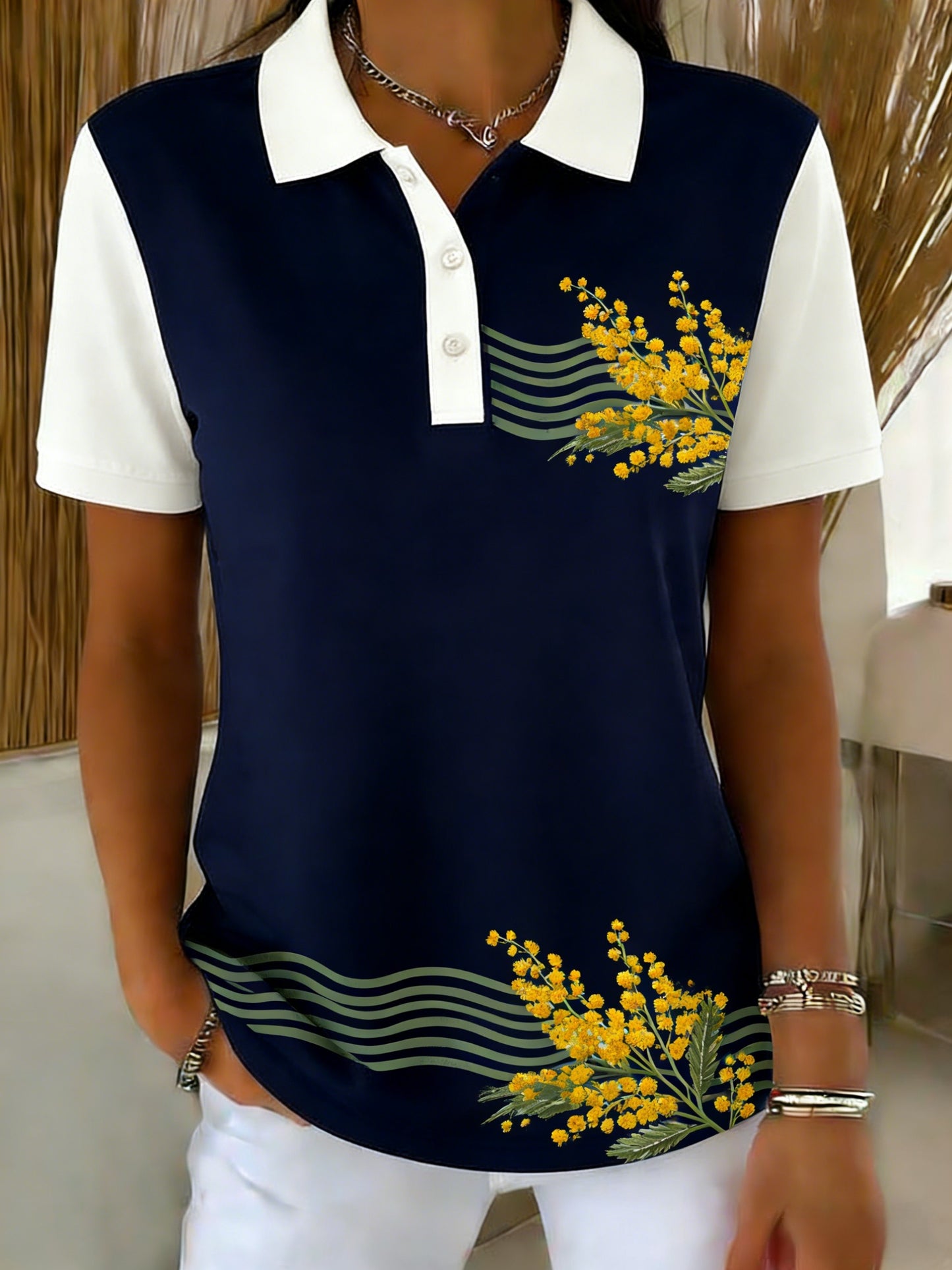 Women's Vintage Australian Flag Floral Art Printed Casual Cotton Short Sleeve Polo Shirt