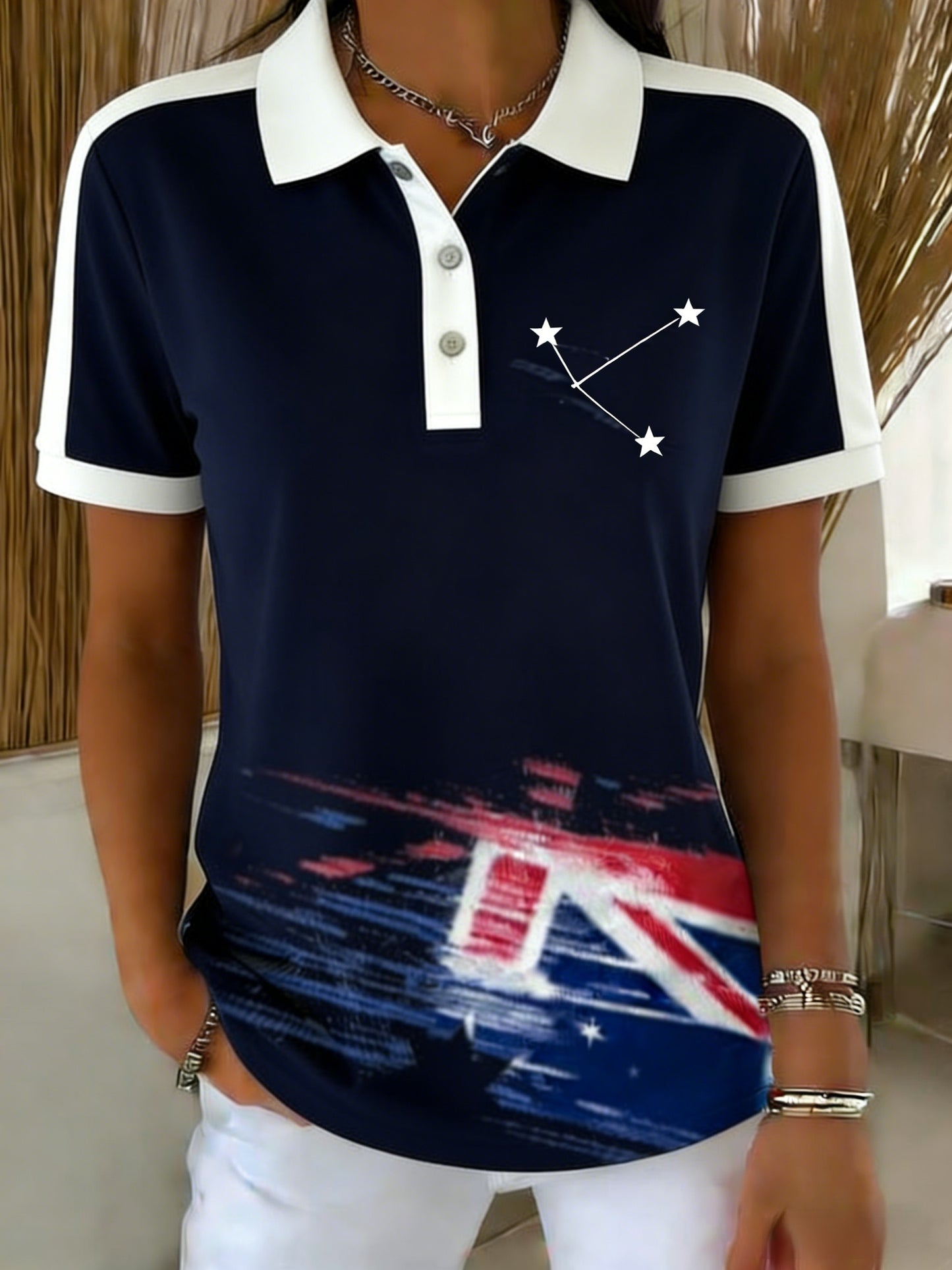 Women's Vintage Australian Flag Badge Printed Casual Cotton Short Sleeve Polo Shirt