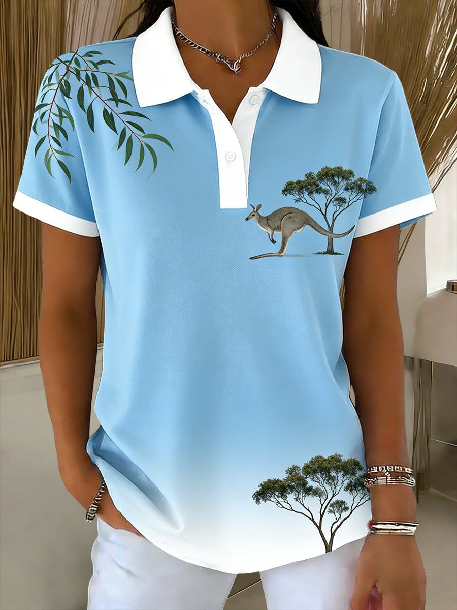 Women's Vintage Australian Kangaroo Art Printed Casual Cotton Short Sleeve Polo Shirt