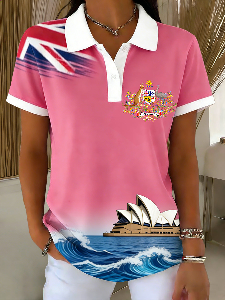 Women's Vintage Australian Kangaroo Art Printed Casual Cotton Short Sleeve Polo Shirt