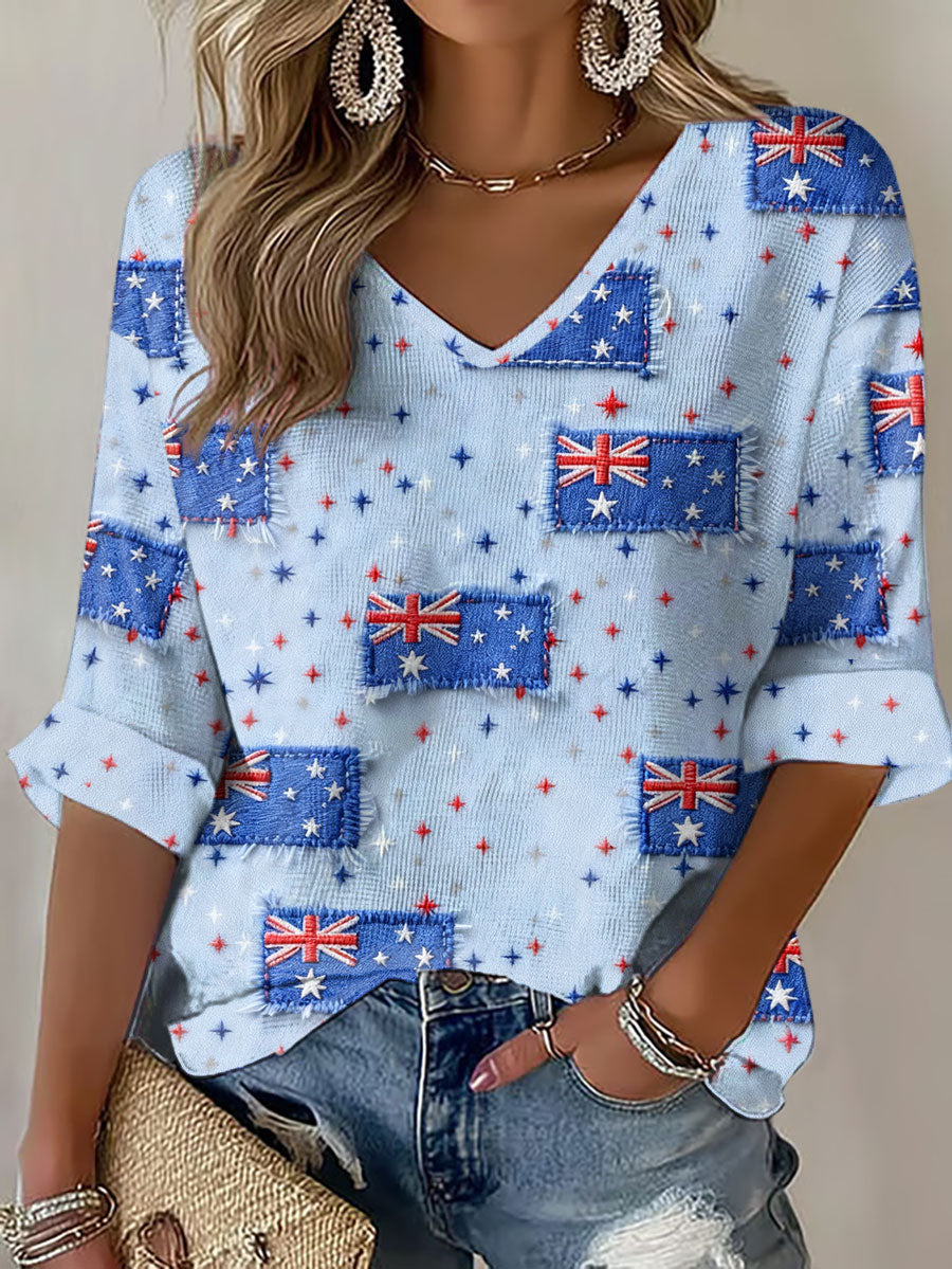 Women's AU Flag Art Australia Day Printed Waffle T-shirt