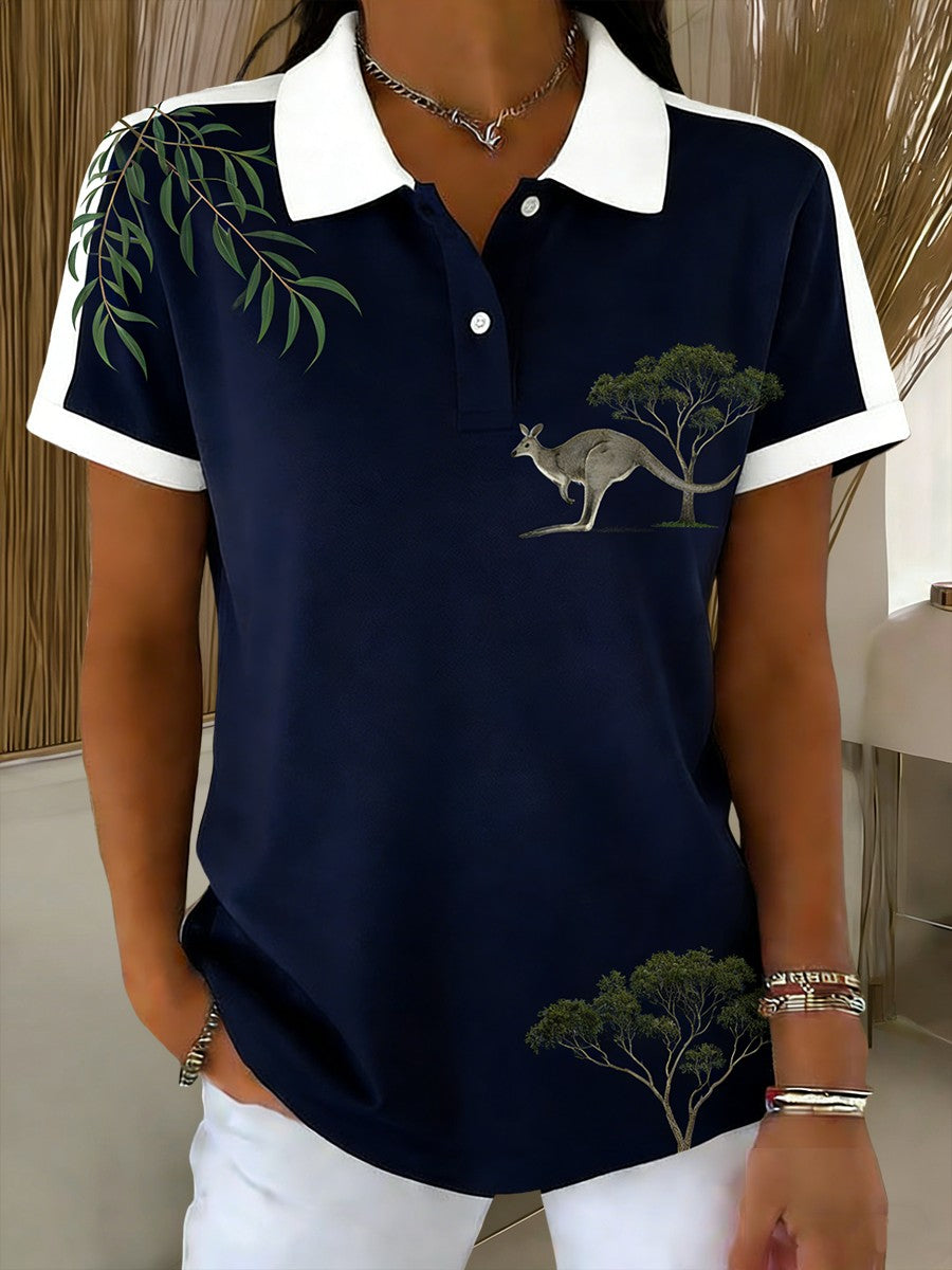 Women's Vintage Australian Kangaroo Art Printed Casual Cotton Short Sleeve Polo Shirt