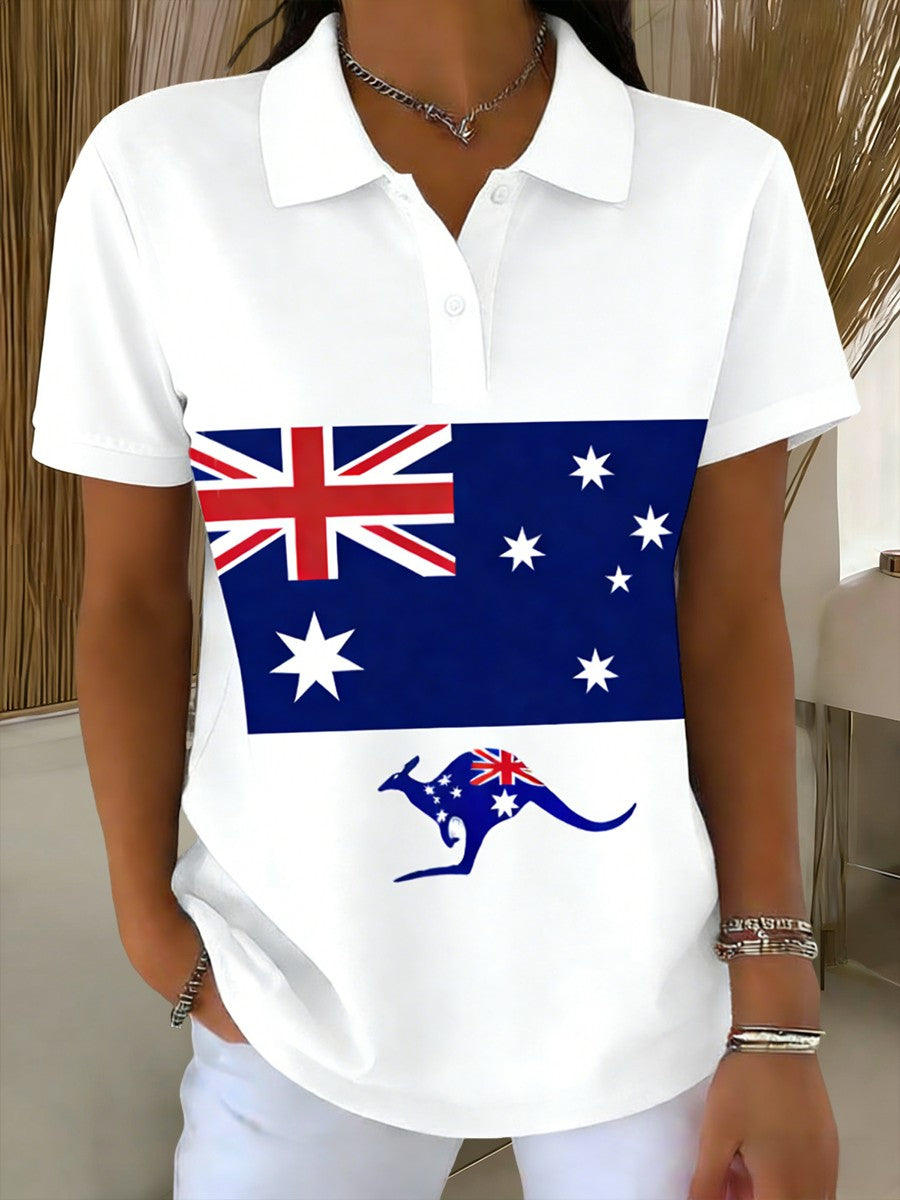 Women's Vintage Australian Flag Badge Art Printed Casual Short Sleeve Polo Shirt