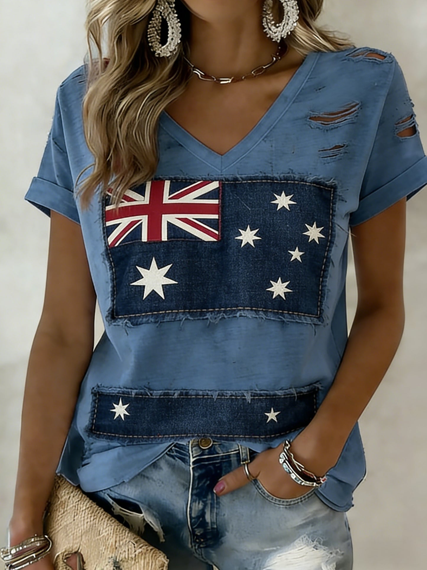 Women's Vintage Australian Flag Badge Art Print V-Neck Short Sleeve T-Shirt