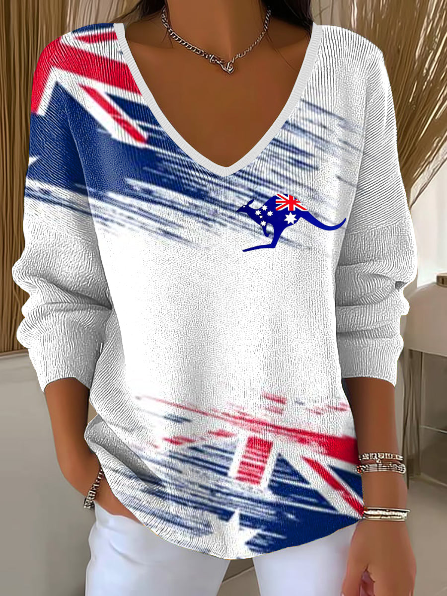 Women's Australian Flag Print Casual V-Neck Ribbed Top
