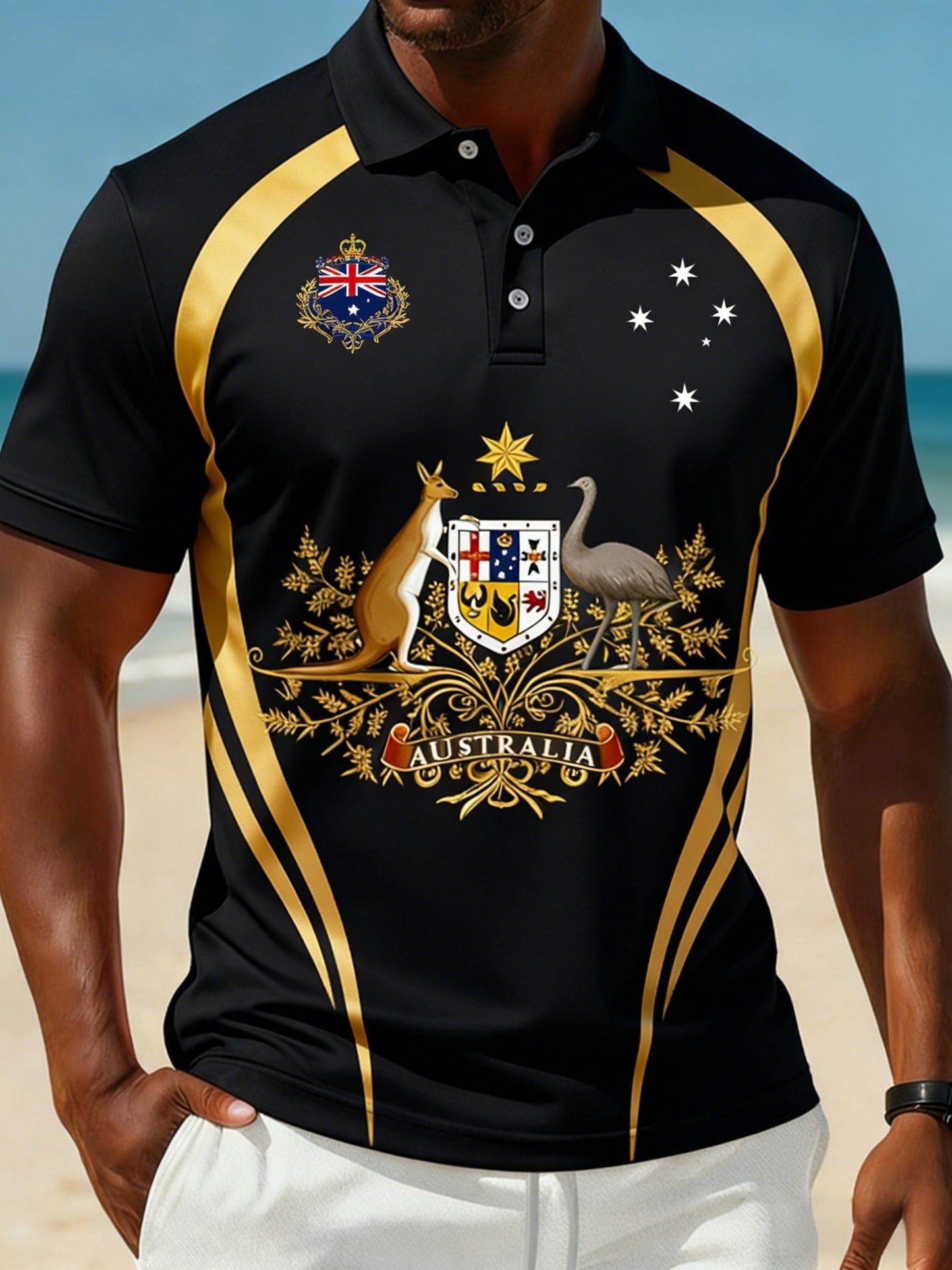 Men's Vintage Australian Flag Badge Printed Casual Cotton Short Sleeve Polo Shirt