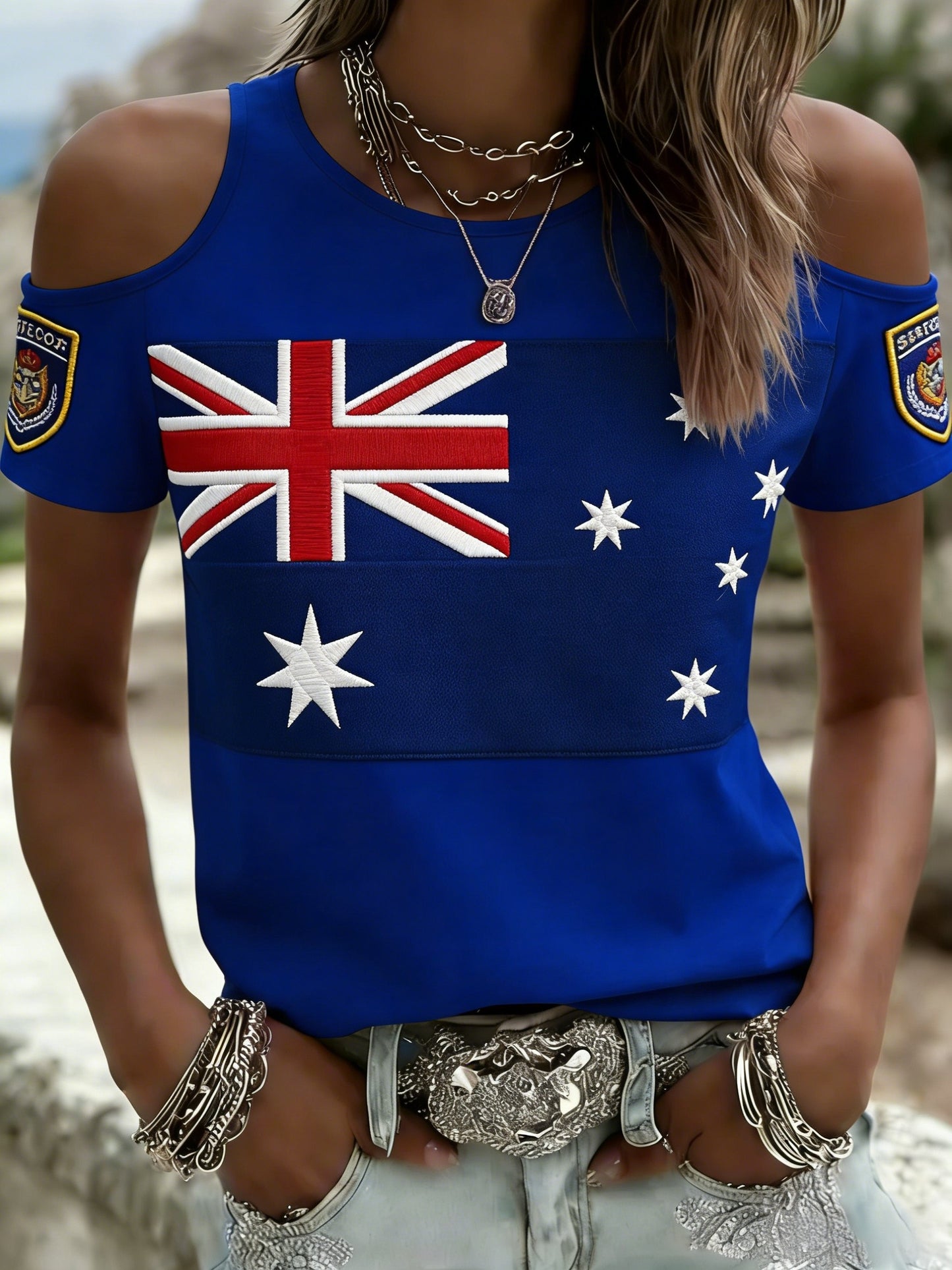 Women's Vintage Australian Holiday Casual Off-the-Shoulder Design Short sleeves T-Shirt