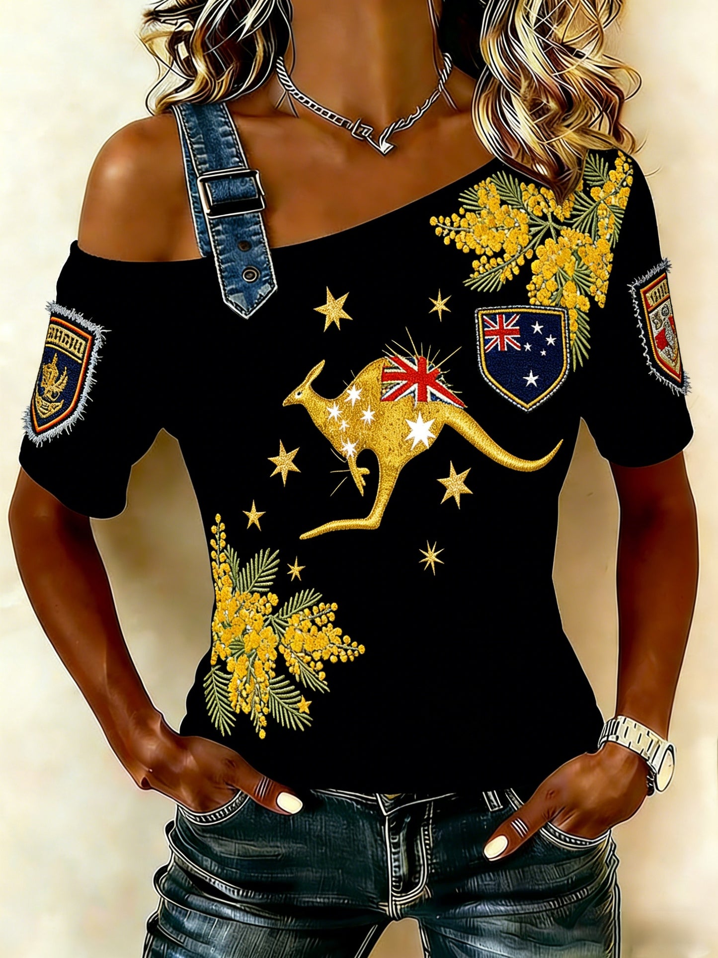 Women's Vintage Australian Holiday Casual Off-the-Shoulder Design Short sleeves T-Shirt