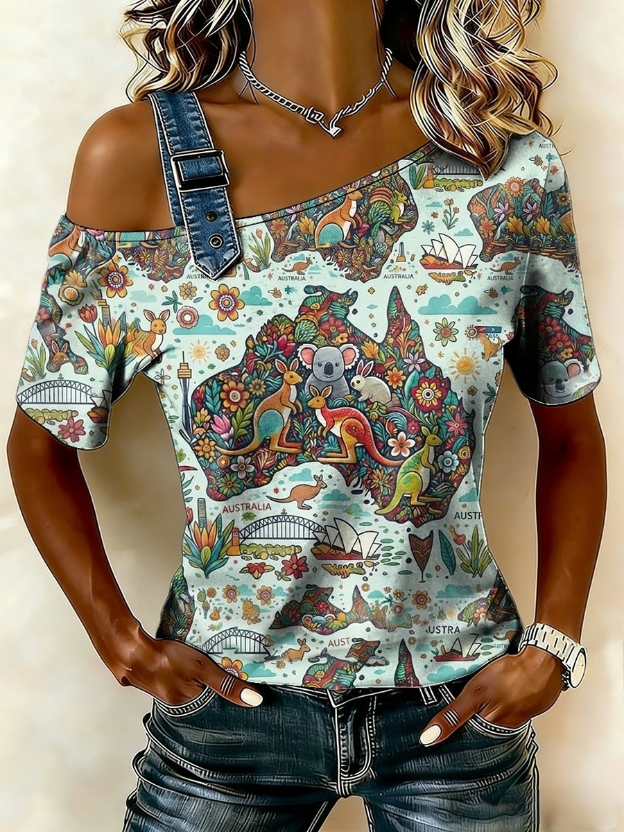 Women's Vintage Australian Holiday Casual Off-the-Shoulder Design Short sleeves T-Shirt