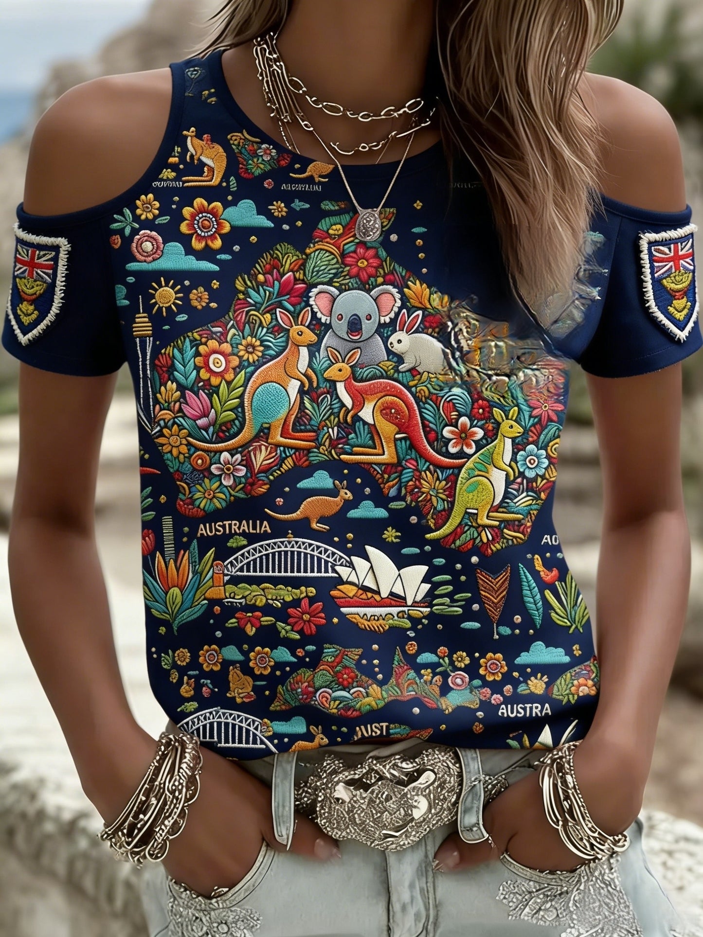 Women's Vintage Australian Holiday Casual Comfortable Off-the-Shoulder Short Sleeve T-Shirt