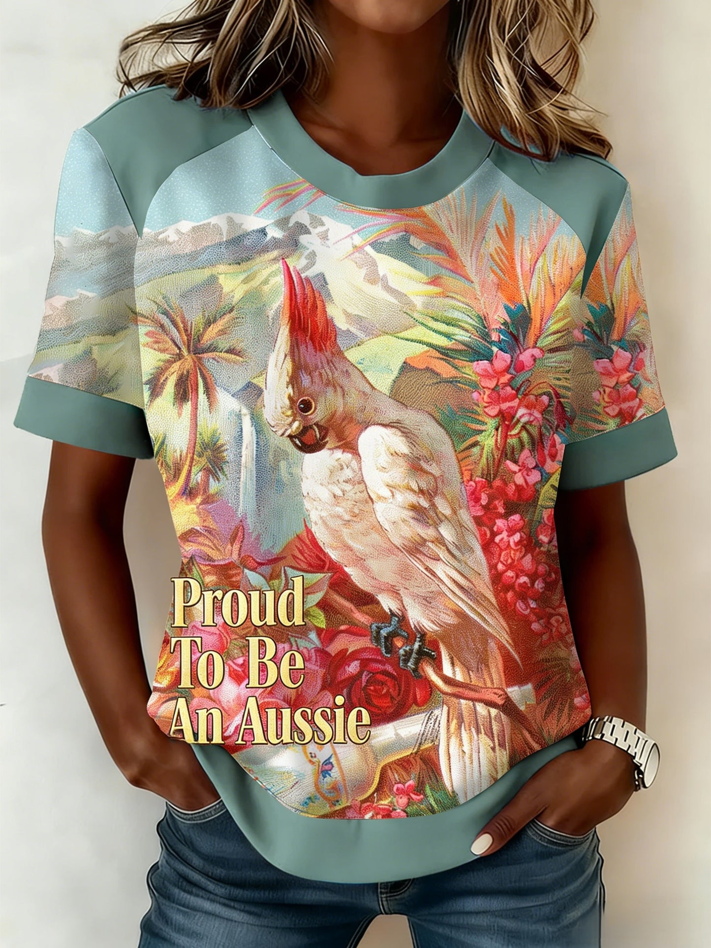 Women's Vintage Aussie Cute Pink Cockatoo Casual Comfortable Short Sleeve T-Shirt