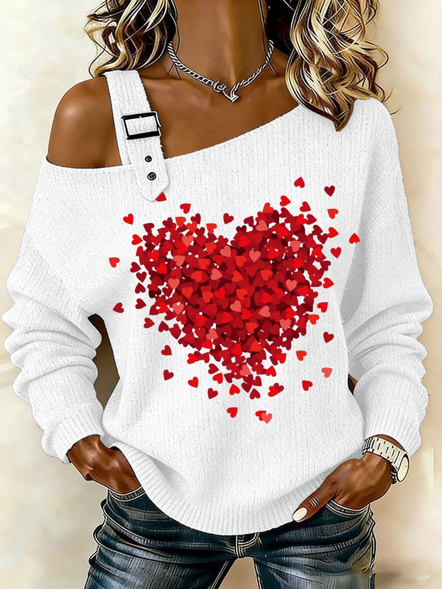 Women's Valentine's Day Love Heart Print Casual Off-Shoulder Top