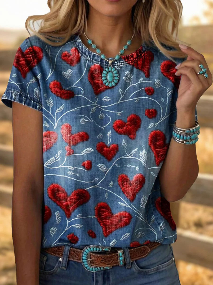 Women's Hearts Print Casual T-shirt