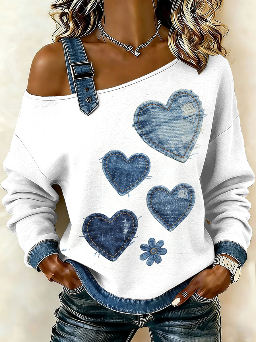 Women's Retro Floral Heart Patchwork Print Casual Off-Shoulder Sweatshirt
