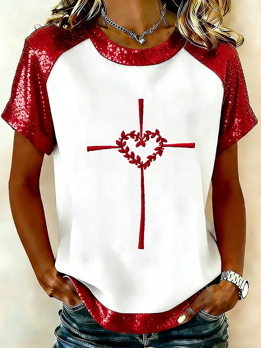Women's Valentine's Day Faith Cross Love Heart Print Short-Sleeve T-Shirt