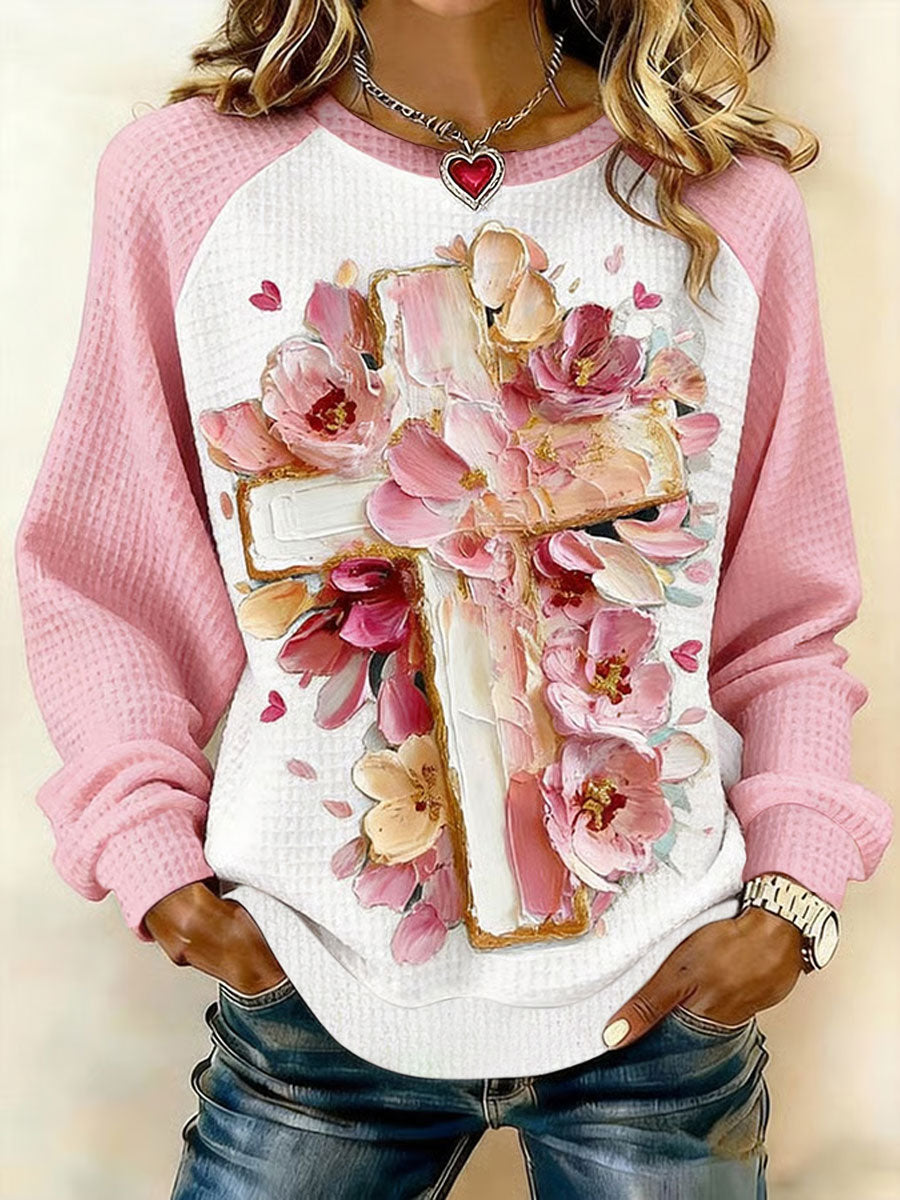 Women's Valentine's Day Faith Cross Floral Art Print waffle Sweatshirt