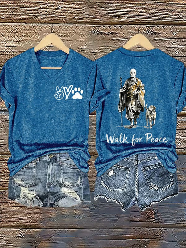 Women's Retro Walk For Peace Monks With Aloka Dog Printed V-neck T-Shirt