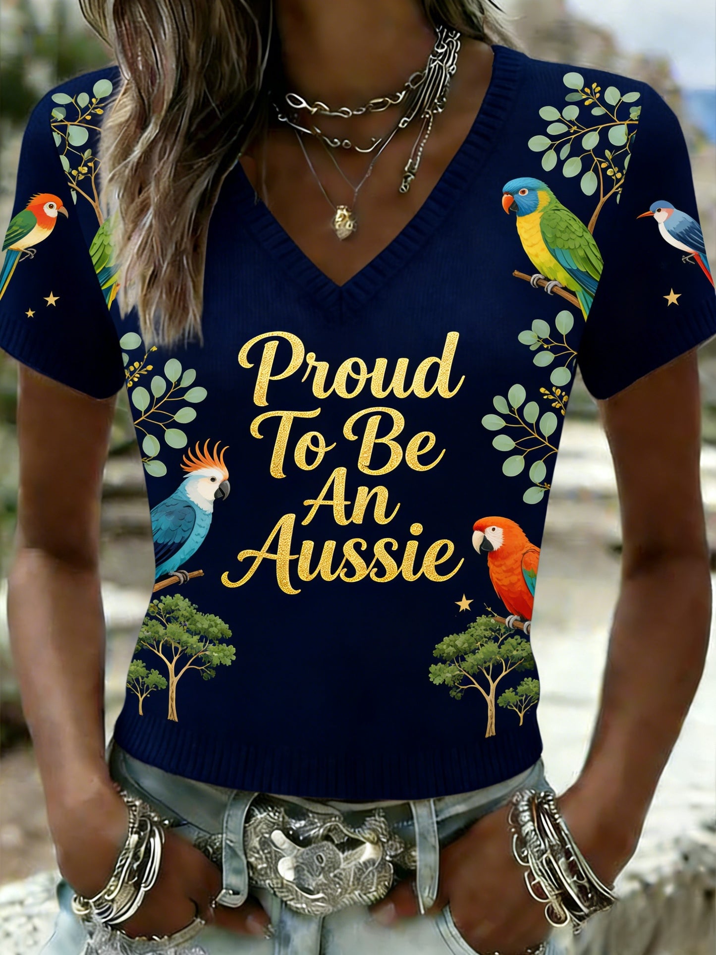 Women's Vintage Proud To Be An Aussie Casual V-neck Knit Short-Sleeve T-Shirt
