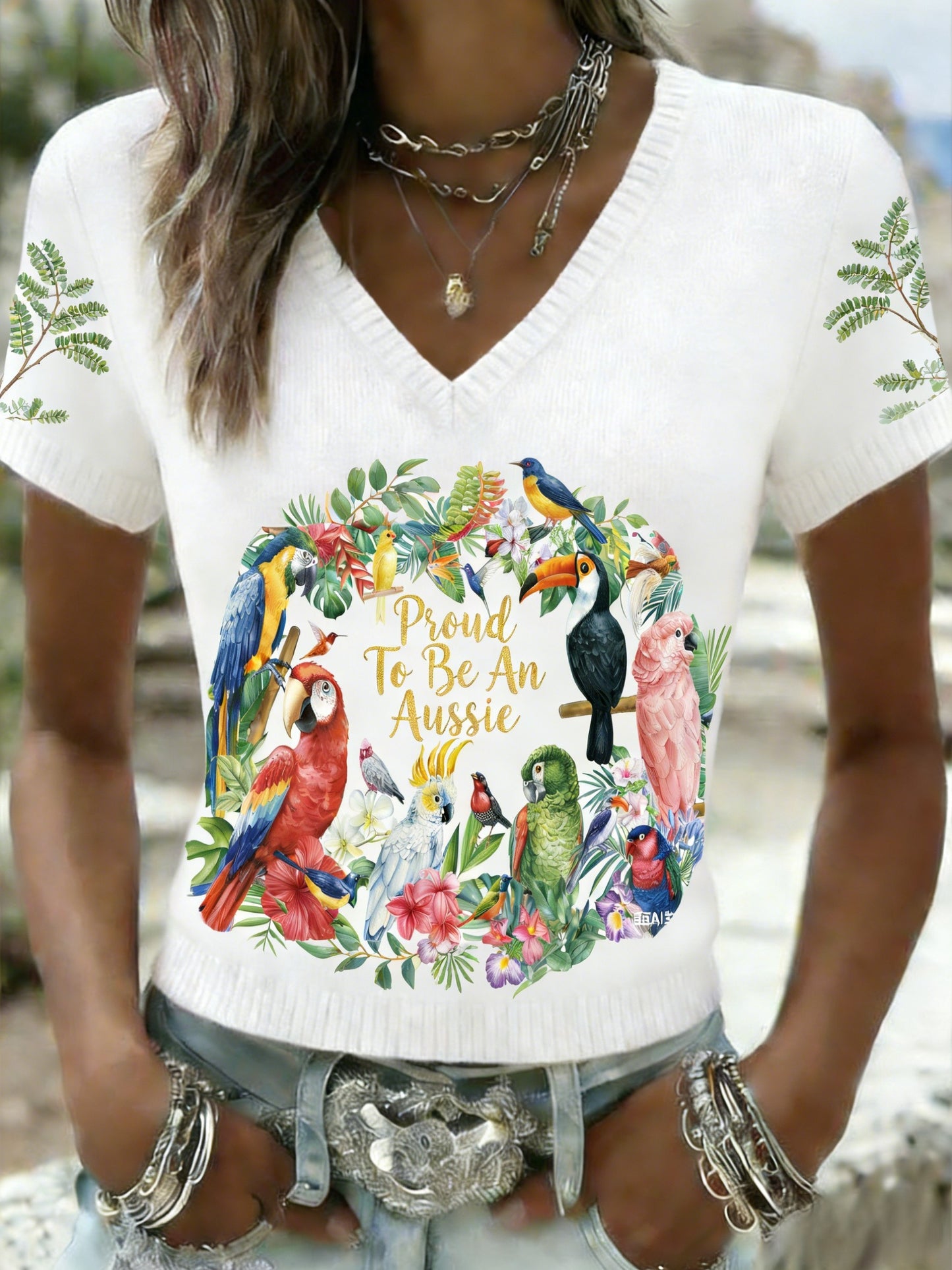 Women's Vintage Proud To Be An Aussie Casual V-neck Knit Short-Sleeve T-Shirt