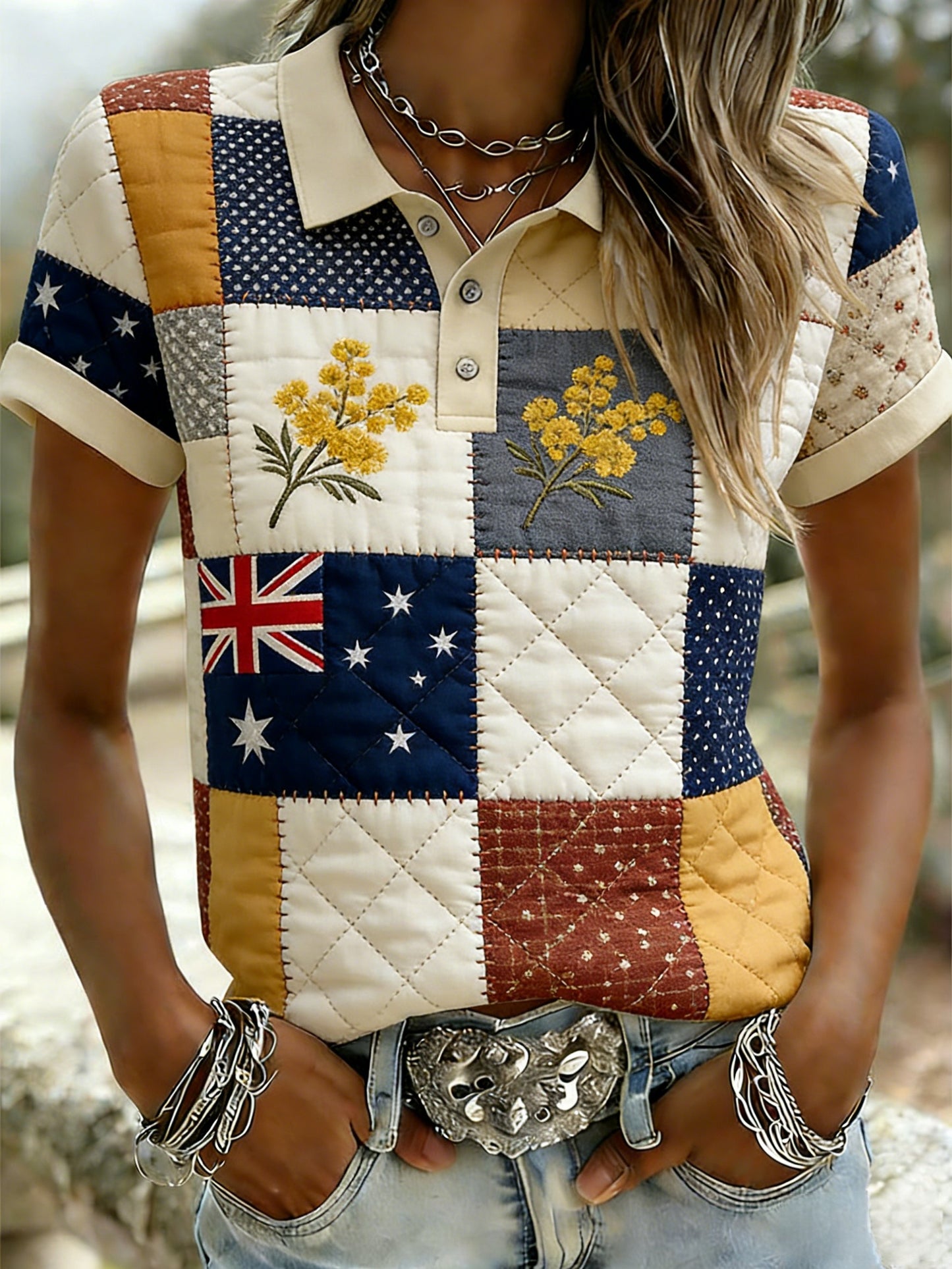 Women's Vintage Australian Holiday Patchwork Art Casual Short Sleeve T-Shirt