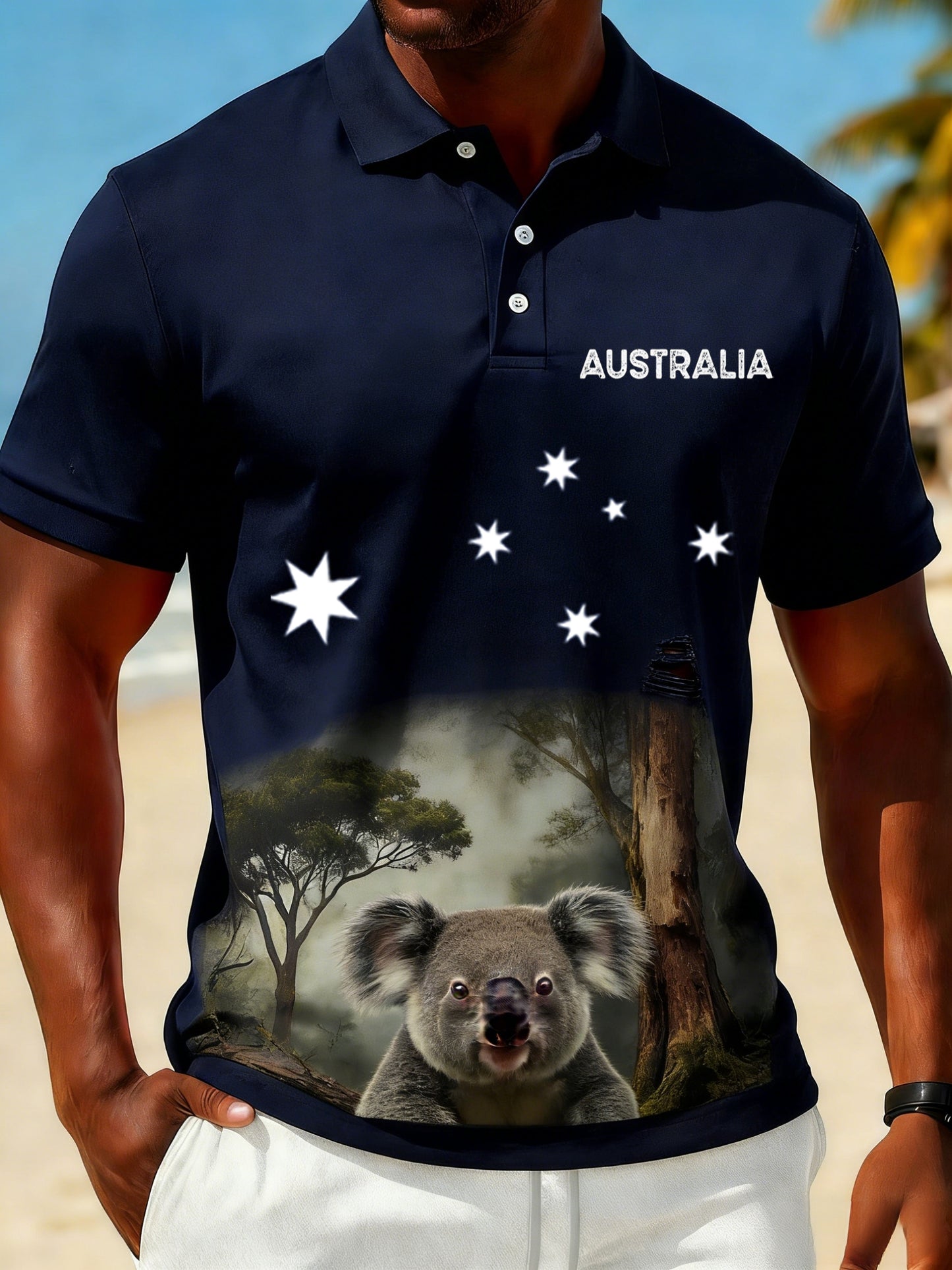 Men's Vintage Australian Holiday Koala Art Casual Short Sleeve Polo Shirt