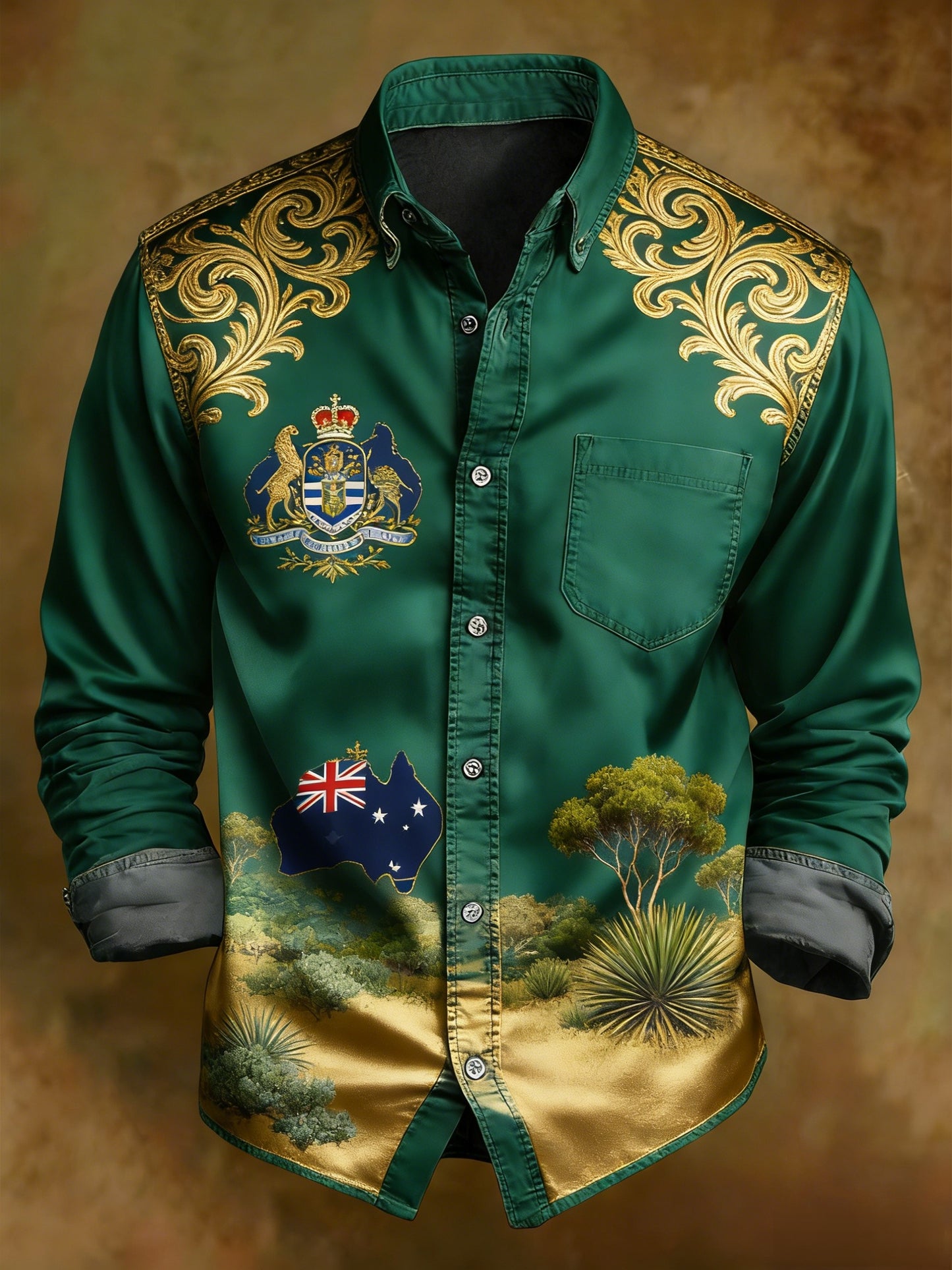 Men's Vintage Australian Holiday Print Casual Long Sleeve Pocket Shirt