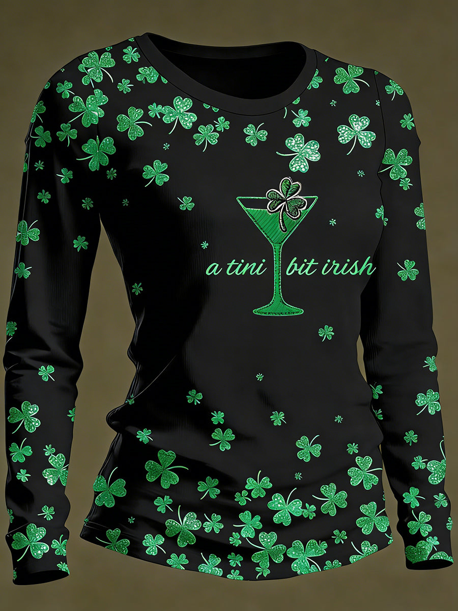 Women's Funny St. Patrick's Day Shamrock Art Round Neck Long Sleeve T-shirt