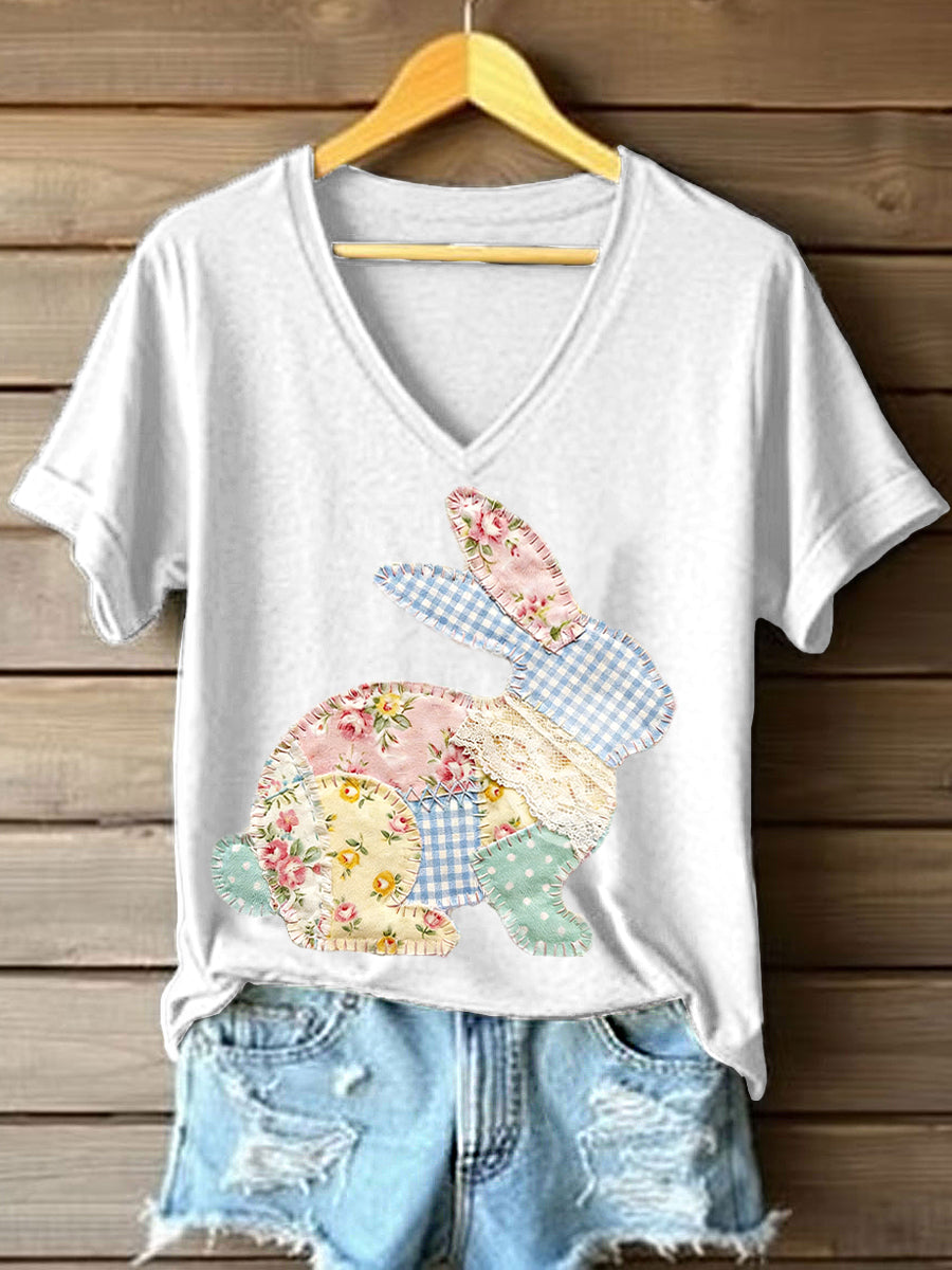 Women's Cute Bunny Patchwork Pattern V-Neck T-Shirt