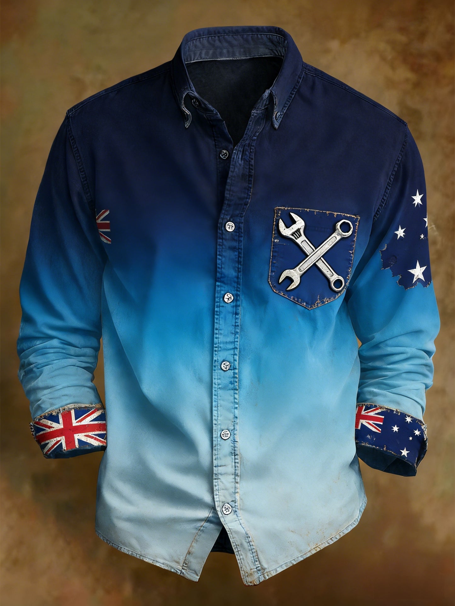 Men's Retro Australian Flag Badge Print Casual Long Sleeve Pocket Shirt