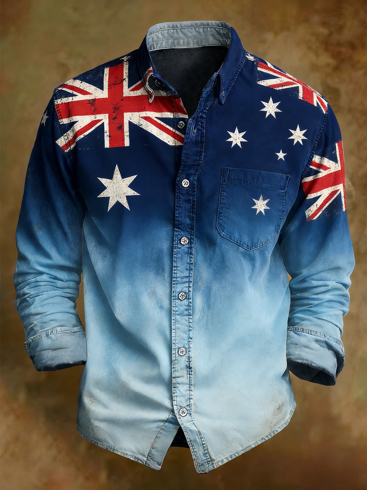 Men's Retro Australian Flag Badge Print Casual Long Sleeve Pocket Shirt
