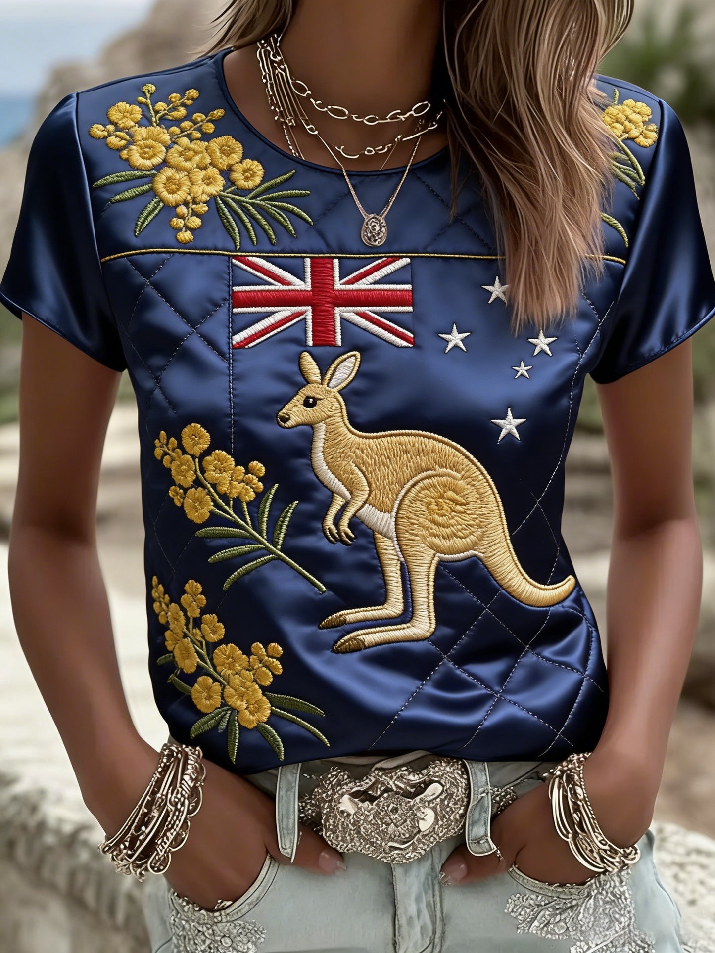 Retro Australian Flag Badge Print Casual Short-Sleeve T-Shirt