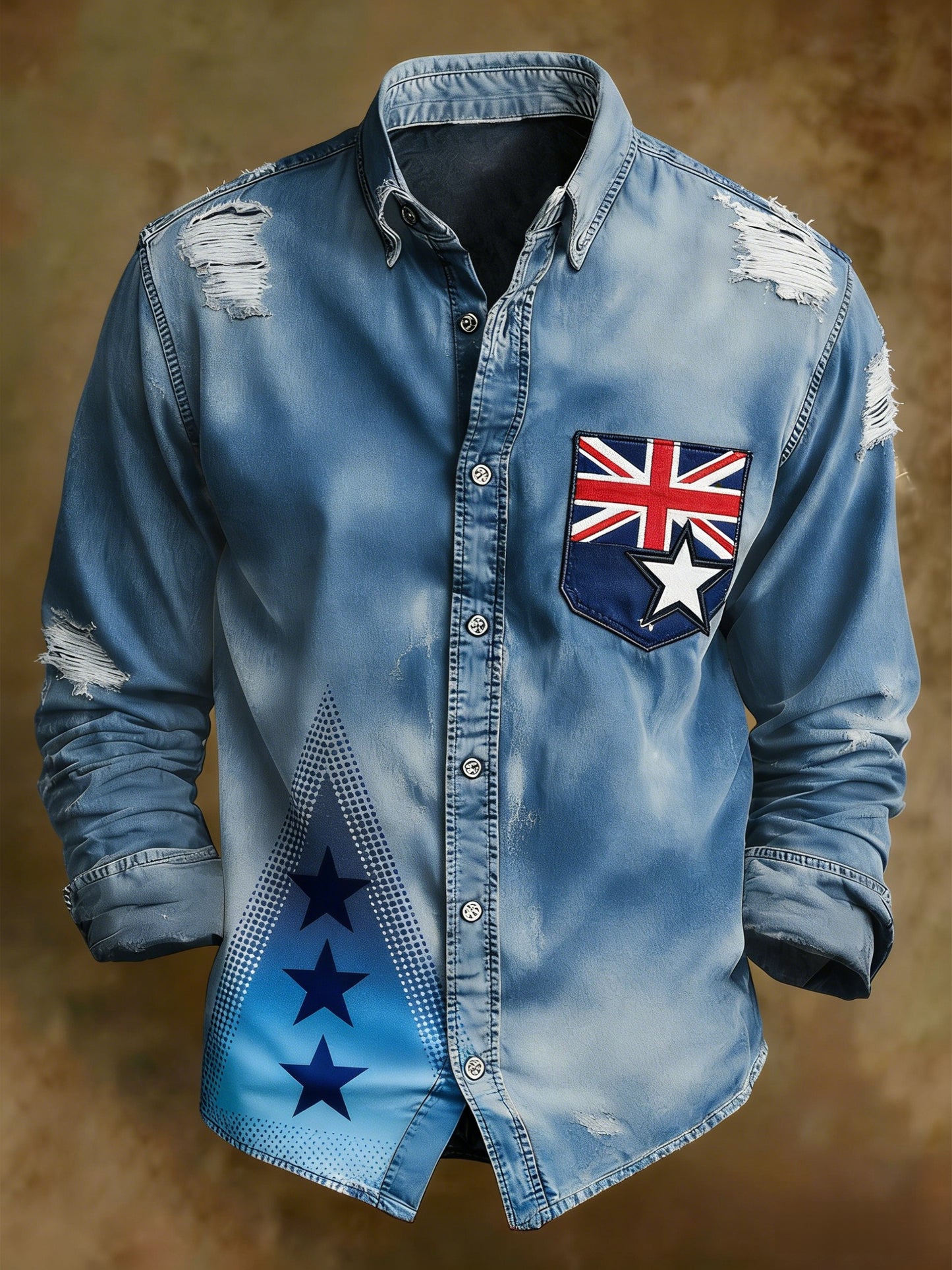 Men's Retro Australian Flag Badge Print Casual Long Sleeve Pocket Shirt