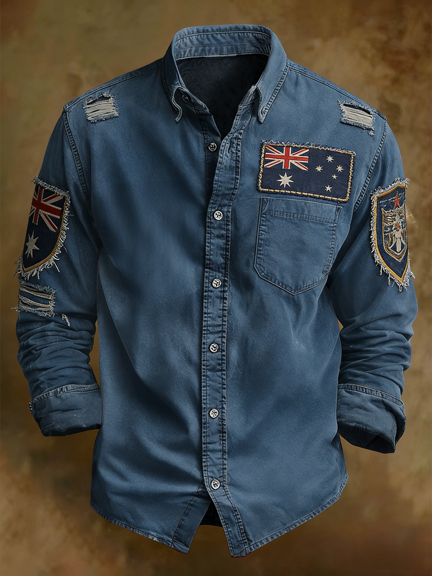 Men's Retro Australian Flag Badge Print Casual Long Sleeve Pocket Shirt