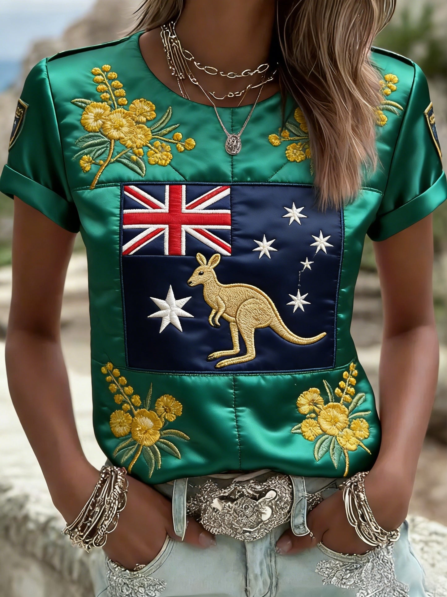 Retro Australian Flag Badge Print Casual Short-Sleeve T-Shirt