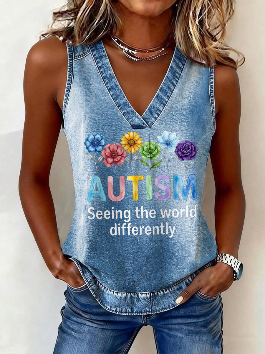 Women's Autism Awareness Print Denim Patchwork Top