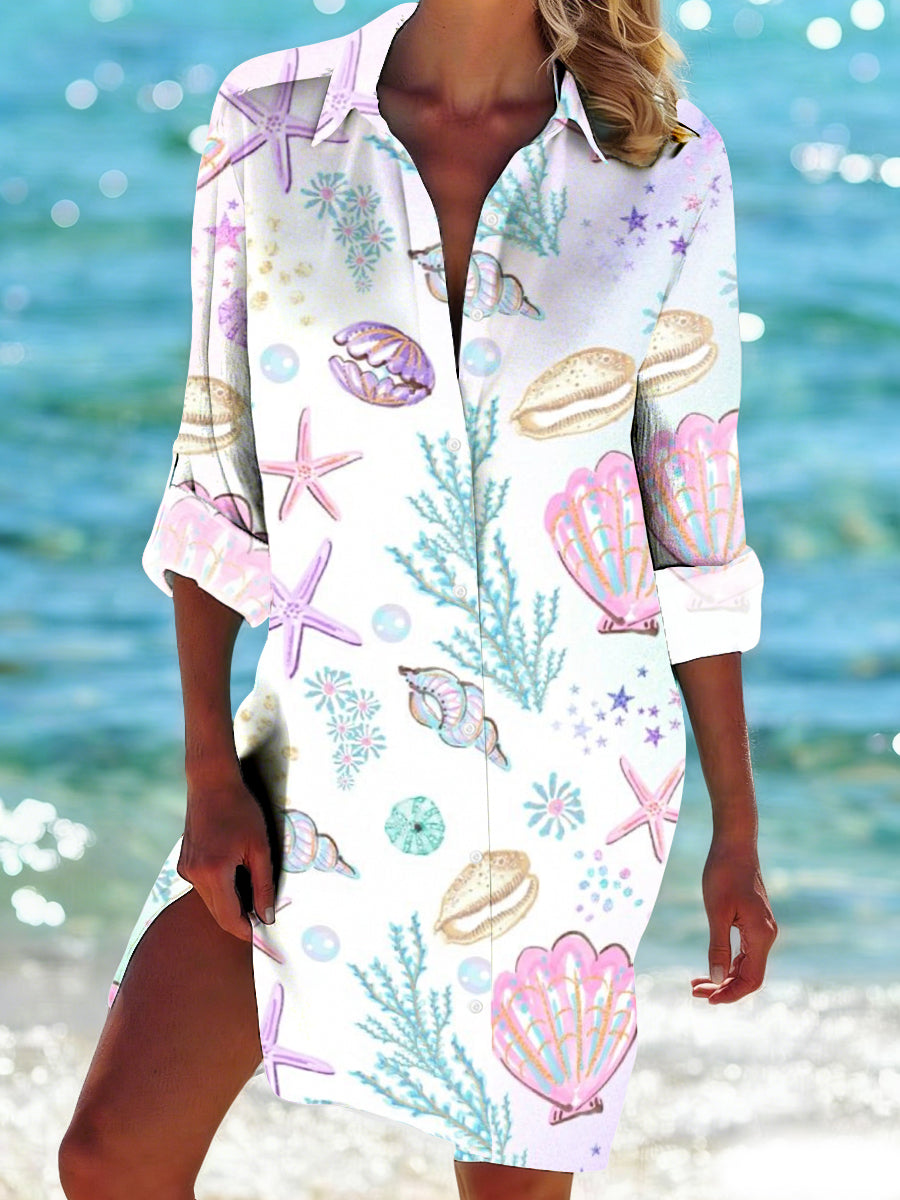 Women's Beautiful Ocean Print Casual Mid-Length Shirt
