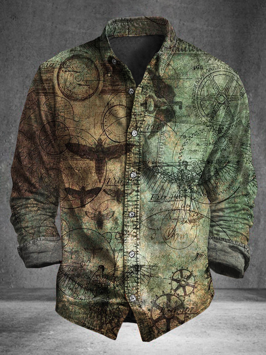 Gradient Map Print Casual Cotton Long-Sleeve Shirt