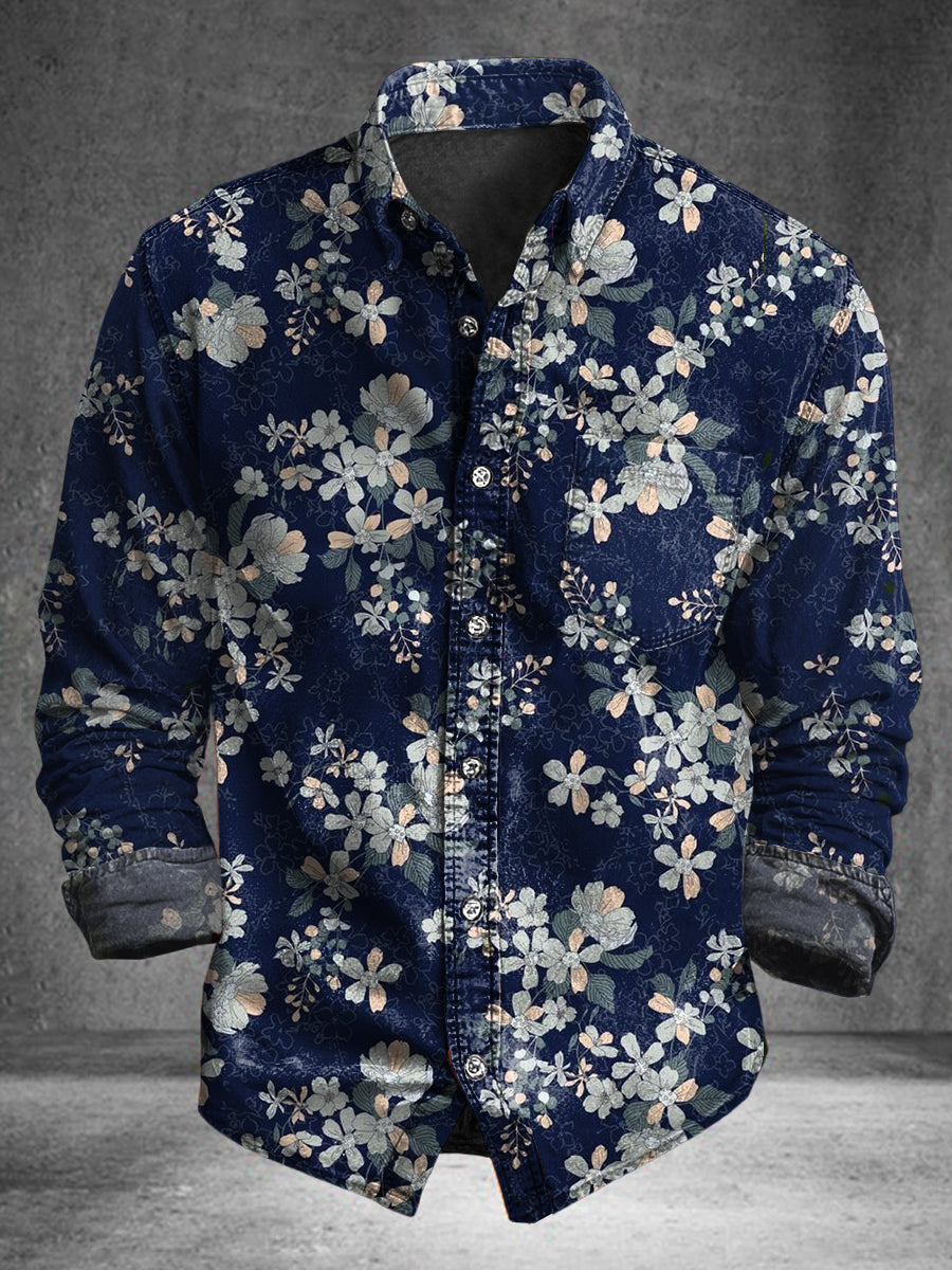 Petal Floral Print Casual Cotton Long-Sleeve Shirt