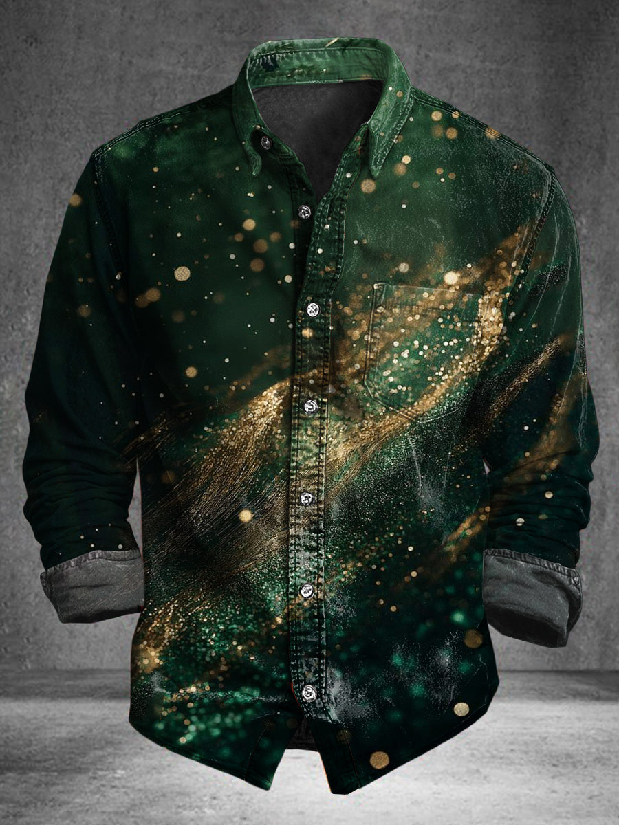 Sparkling Universe Print Casual Cotton Long-Sleeve Shirt