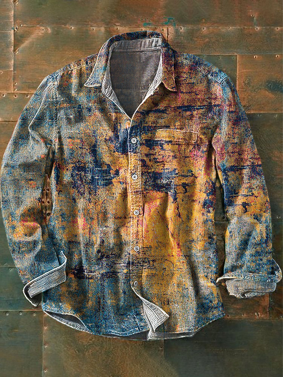 Distressed-Effect Abstract Print Casual Cotton Long-Sleeve Shirt